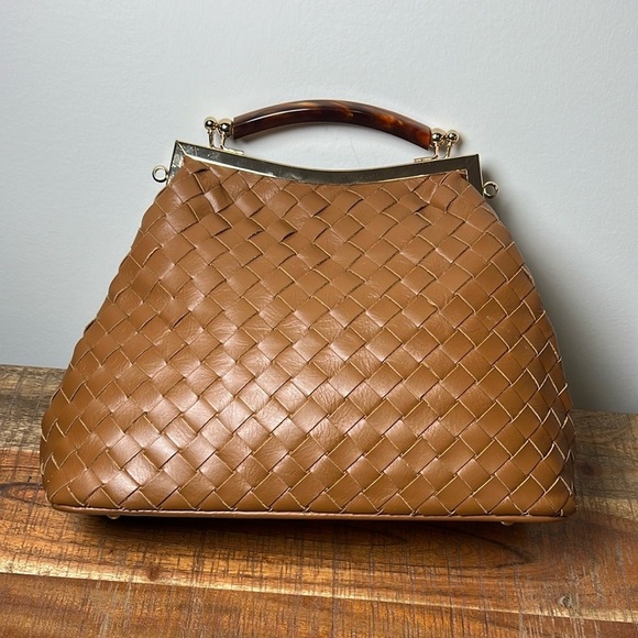 Valentina Fiore Brown Woven Leather Shoulder Bag with Curved Handle, No Strap - Picture 4 of 9